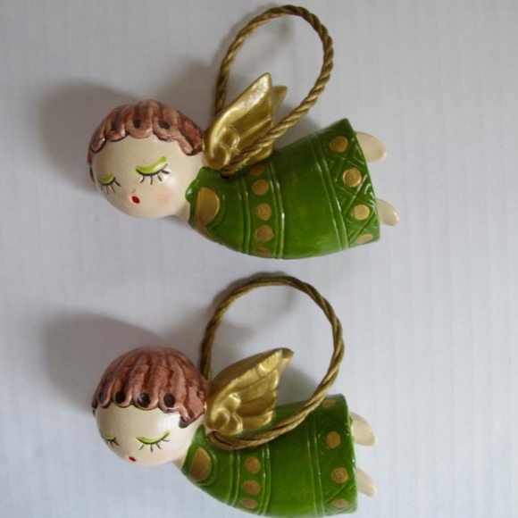 Mid Century Angel Pair Twins Mod Green Gold Japan - Picture 3 of 6